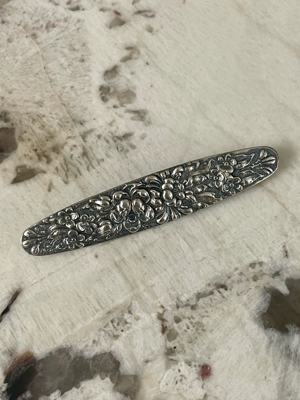 STIEFF Sterling Repousse Floral Rose Brooch Bar Pin Antique Early 1900s
